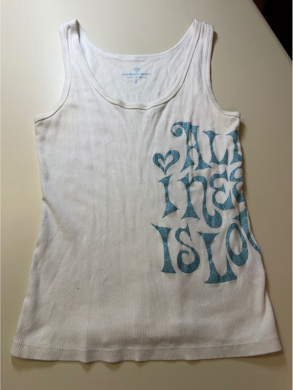 Vintage Victoria's Secret White Ribbed Tank Top with Blue Graphic